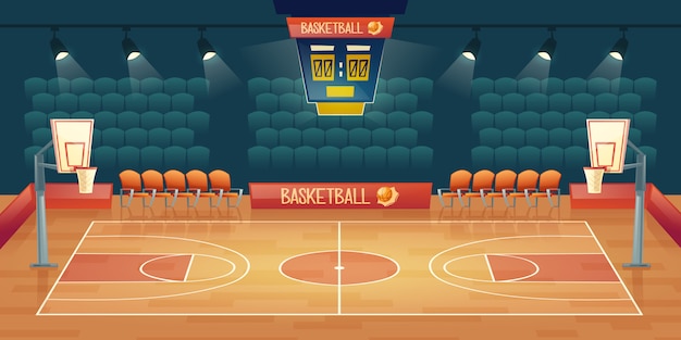 Vecteur gratuit fond de dessin animé de terrain de basket vide. intérieur du stade avec projecteurs