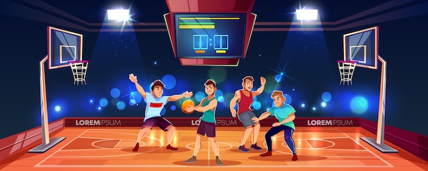 Fond De Dessin Animé De Vecteur Avec Des Sportifs Jouant Le Jeu D'équipe Sur L'arène De Basket-ball. Aire De Jeux Intérieure