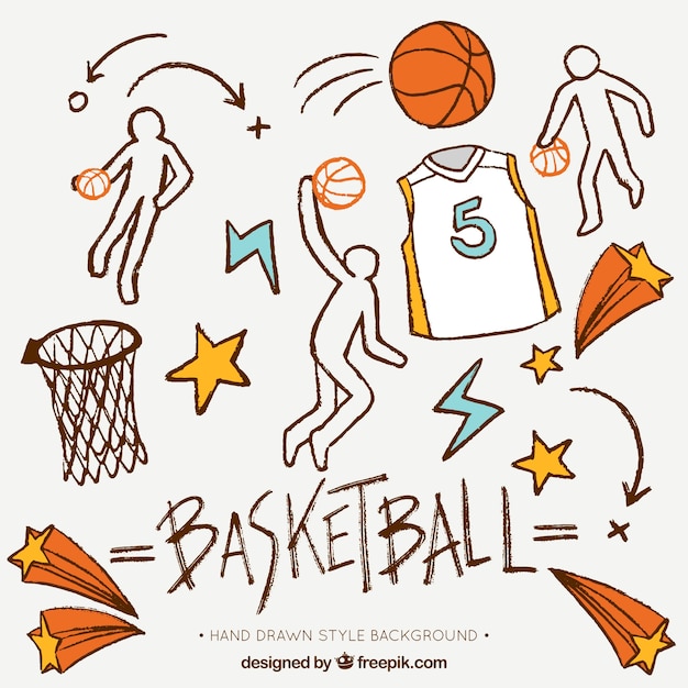 Vecteur gratuit fond dessiné à la main avec des éléments décoratifs de basket-ball