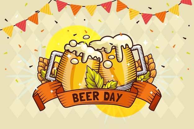 Vecteur gratuit fond dessiné à la main pour la célébration de la journée internationale de la bière