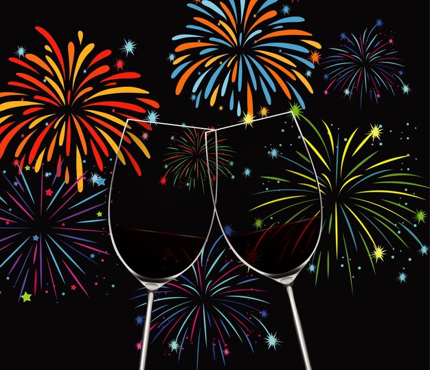 Fond avec deux verres de champagne et feux d'artifice