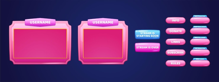 Vecteur gratuit fond de diffusion en direct avec fenêtres et boutons de lecteur multimédia en ligne interface utilisateur de couleur rose canal de médias sociaux vidéo blogging diffusion en direct illustration vectorielle de dessin animé