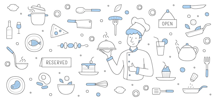 Vecteur gratuit fond de doodle avec des icônes de chef et de restaurant