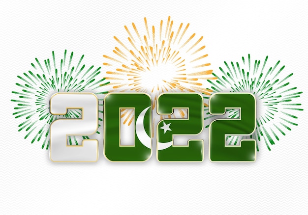 Fond du nouvel an 2022 avec le drapeau national du pakistan et des feux d'artifice