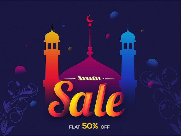 Vecteur gratuit le fond du ramadan kareem avec une mosquée colorée et une décoration de design floral, peuvent être utilisés comme affiche de vente, bannière ou flyer.