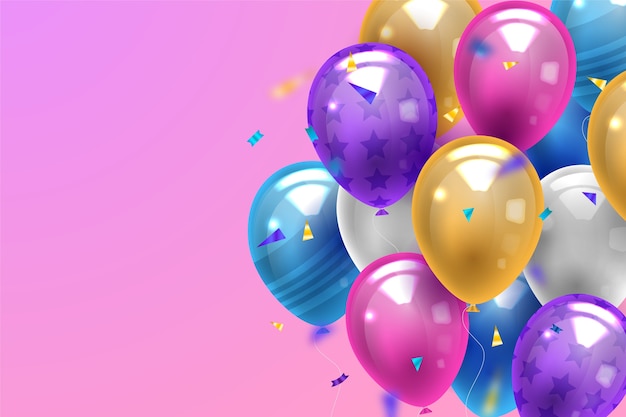 Vecteur gratuit fond d'écran de ballons réalistes avec des confettis