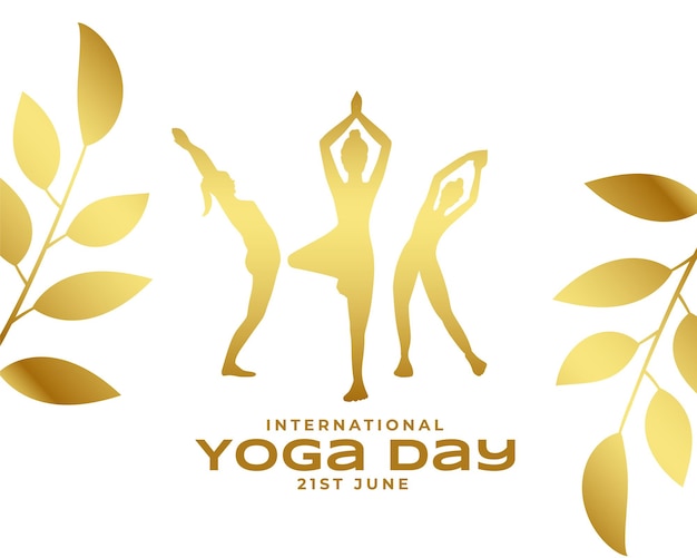 Vecteur gratuit fond élégant de la 21e journée mondiale du yoga avec un design de feuilles dorées