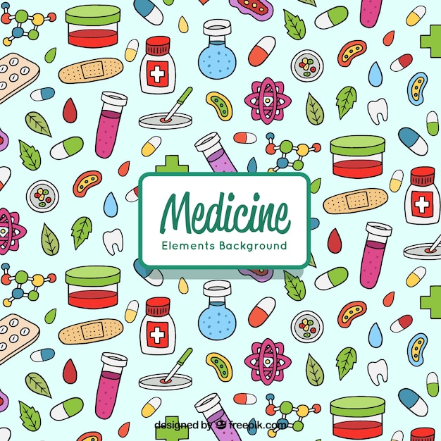 Vecteur gratuit fond d'éléments de médecine dans un style dessiné à la main