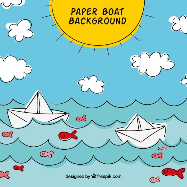 Vecteur gratuit fond d'été avec des bateaux en papier dans la mer