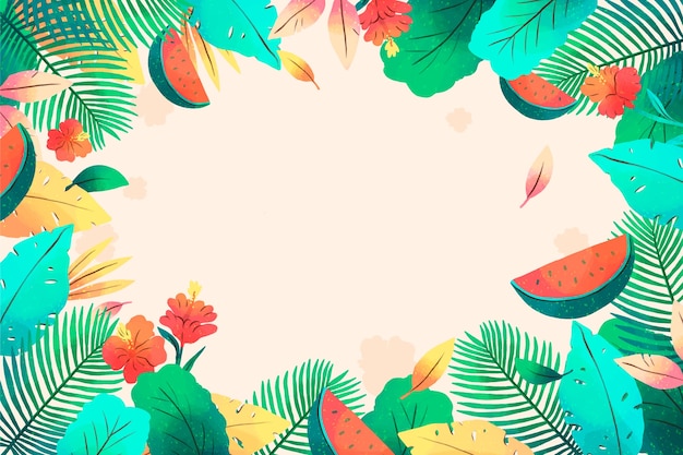 Vecteur gratuit fond d'été tropical aquarelle avec feuilles et pastèque