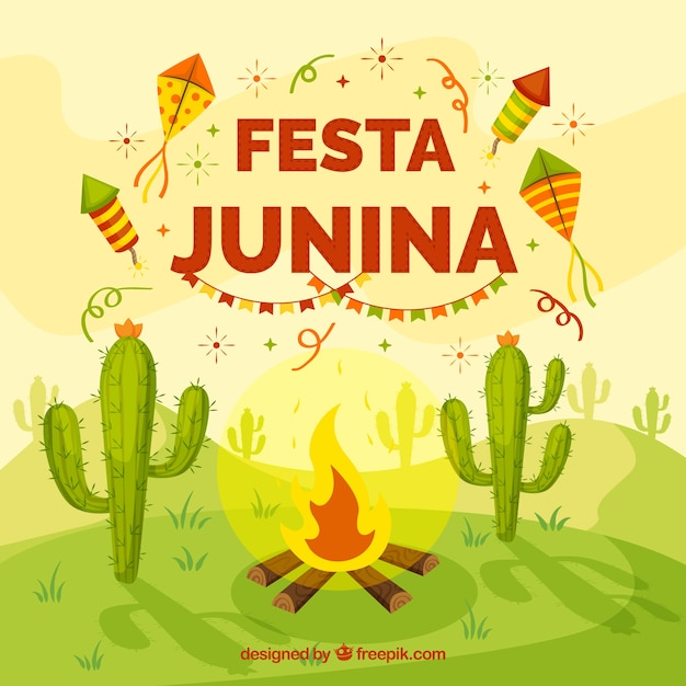 Fond De Festa Junina Avec Feu De Camp Et Cactus