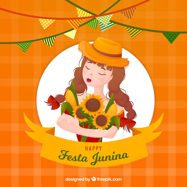 Fond De Festa Junina Avec Une Fille Et Des Tournesols