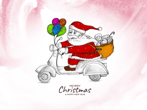 Vecteur gratuit fond de festival joyeux noël avec le père noël sur scooter