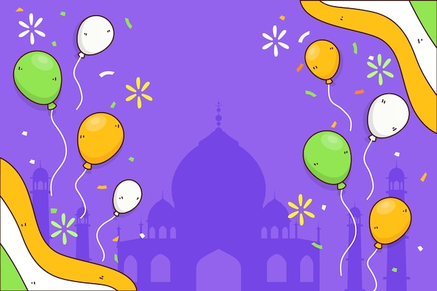 Vecteur gratuit fond de fête de l'indépendance de l'inde dessiné à la main avec des ballons et des feux d'artifice