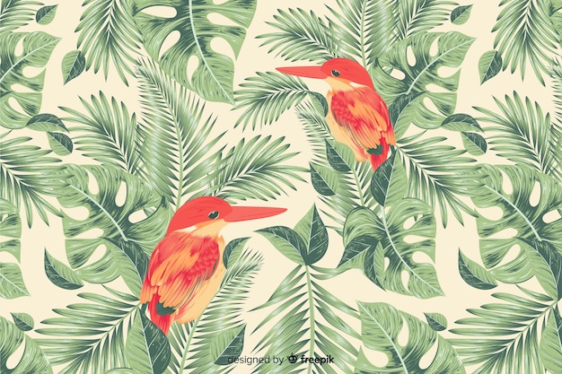 Vecteur gratuit fond de feuilles et d'oiseaux tropicaux réalistes