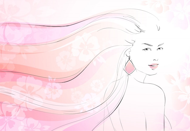 Fond de fleurs douces avec une jeune fille et une longue illustration vectorielle de cheveux ondulés