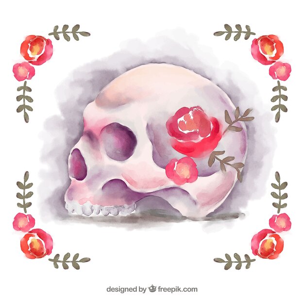 fond floral avec le crâne peint à l&#39;aquarelle