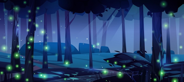 Vecteur gratuit fond de forêt de nuit avec des lucioles vertes brillant dans l'obscurité illustration de dessin animé vectoriel de paysage sombre avec sentier courant entre les vieux arbres buissons et lumières magiques d'herbe scintillantes dans l'air