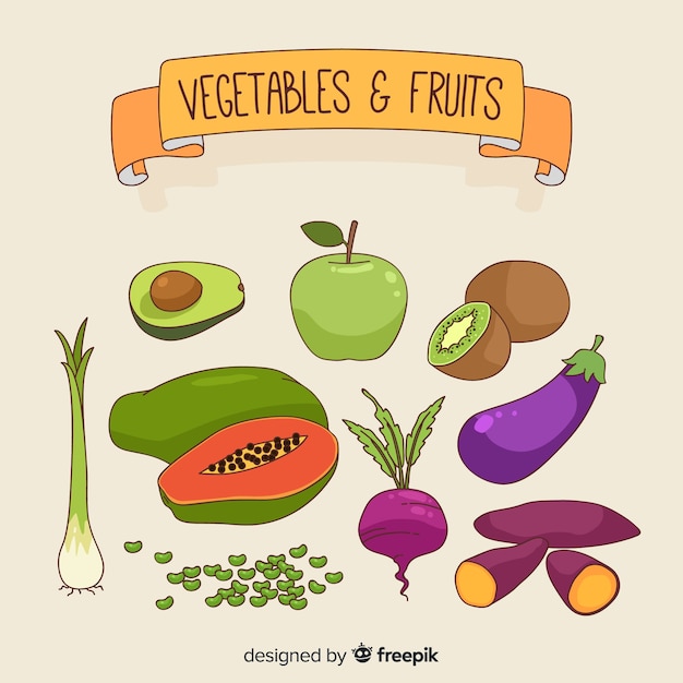 Vecteur gratuit fond de fruits et légumes dessinés à la main