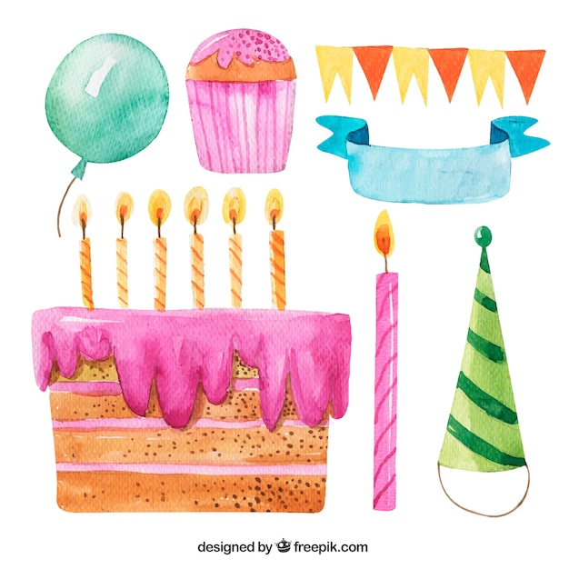 Vecteur gratuit fond gâteau avec d'autres éléments d'anniversaire aquarelle