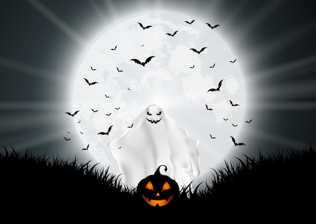 Vecteur gratuit fond d'halloween avec fantôme et citrouille dans un paysage au clair de lune