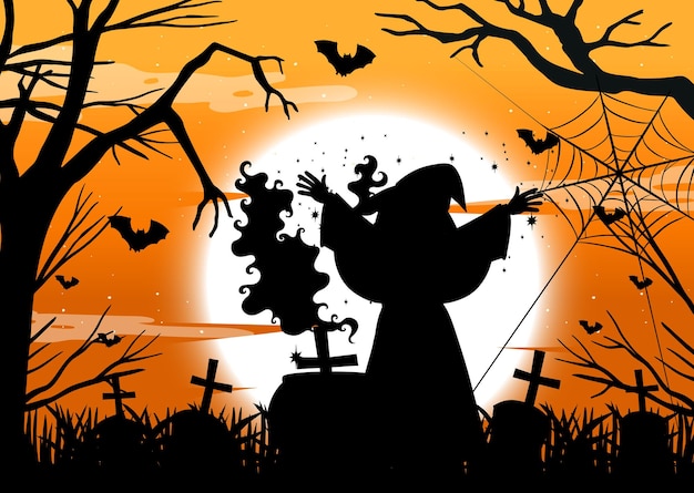 Vecteur gratuit fond d'halloween avec la silhouette de l'assistant