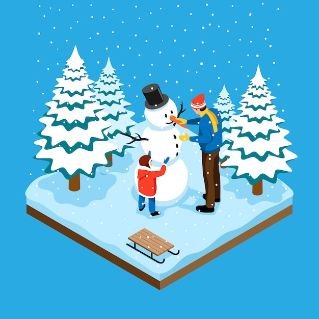 Vecteur gratuit fond isométrique d'hiver avec le père et son petit enfant sculptant le bonhomme de neige dans l'illustration vectorielle de la forêt d'épinettes