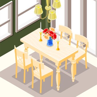 Fond isométrique intérieur antique avec vue intérieure de la table à manger avec des chaises en bois bougies et illustration vectorielle de fleurs