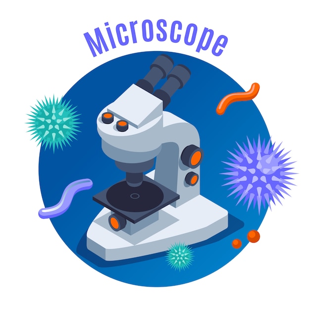Vecteur gratuit fond isométrique de microbiologie avec microscope à composition ronde et illustration d'éléments scientifiques isométriques différents