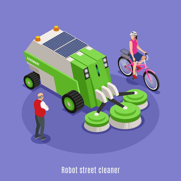 Vecteur gratuit fond isométrique avec robot nettoyeur de rue avec des brosses circulaires entourées de personnages avec texte