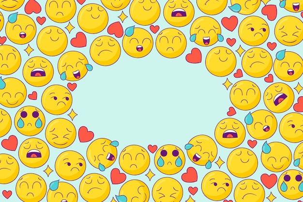 Vecteur gratuit fond de jour emoji monde dessiné à la main avec des émoticônes