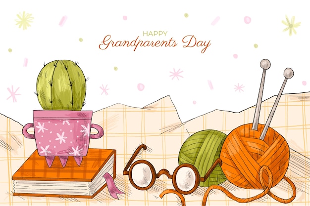 Vecteur gratuit fond de jour des grands-parents dessinés à la main avec des lunettes et du fil