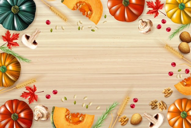 Vecteur gratuit fond de jour de thanksgiving avec composition multicolore ou cadre avec des champignons en tranches de citrouilles et différents éléments de l'illustration vectorielle de plat festif