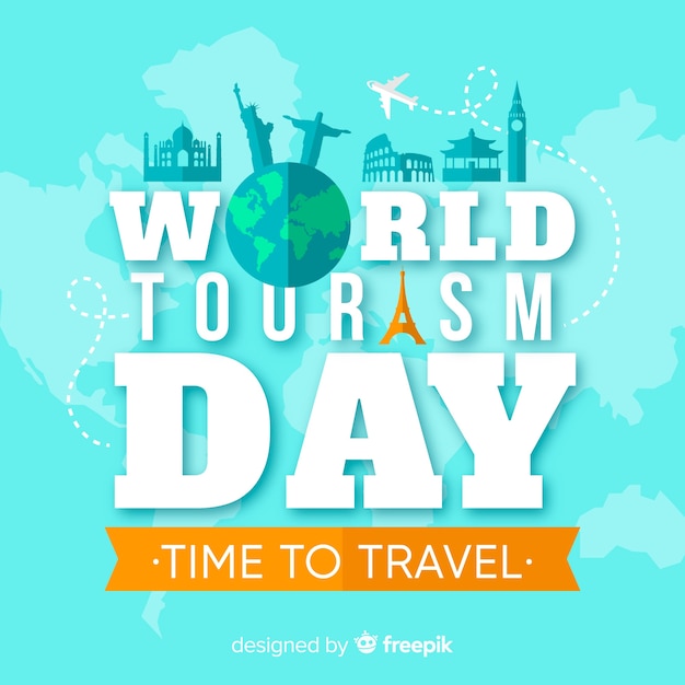 Vecteur gratuit fond de la journée du tourisme avec monde et monuments au design plat