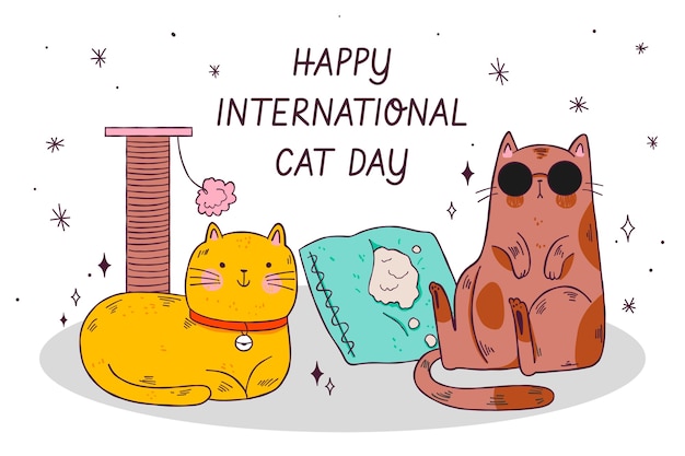 Vecteur gratuit fond de journée internationale du chat dessiné à la main