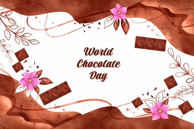 Vecteur gratuit fond de journée mondiale du chocolat aquarelle avec du chocolat et des fleurs