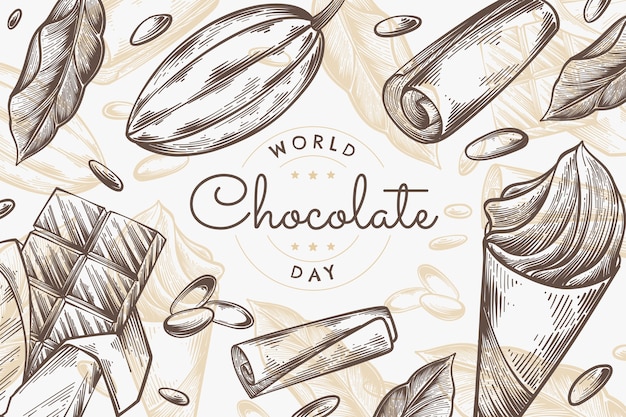 Vecteur gratuit fond de journée mondiale du chocolat dessiné à la main avec du chocolat et des fèves de cacao