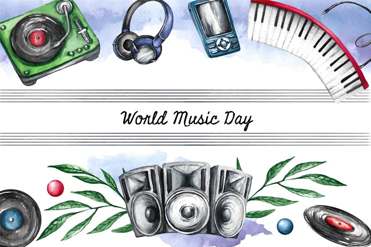 Vecteur gratuit fond de journée mondiale de la musique aquarelle avec instruments