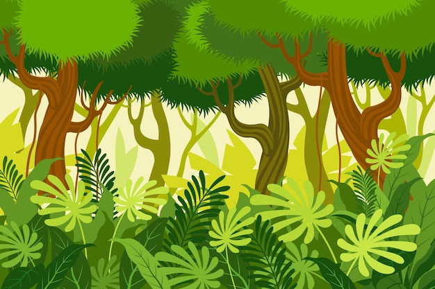 Vecteur gratuit fond de jungle de dessin animé avec de grands arbres