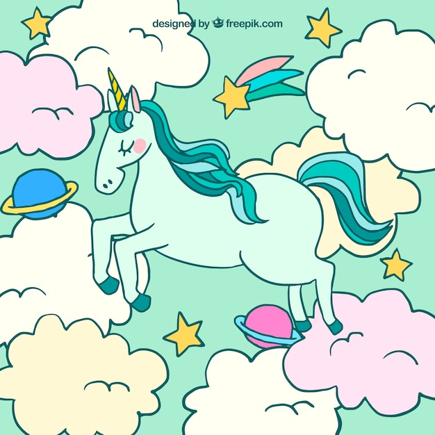 Vecteur gratuit fond de licorne et nuages ​​dessinés à la main