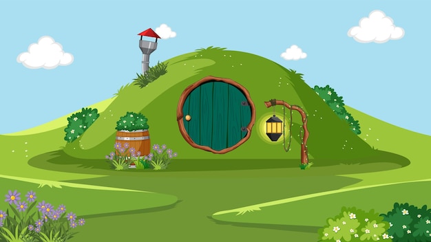 Vecteur gratuit fond de maison de hobbit fantastique