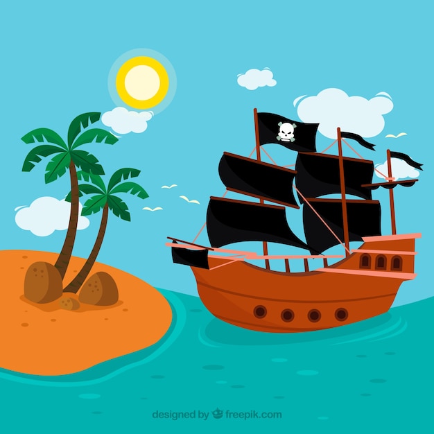 Fond de navire pirate s&#39;approchant de l&#39;île