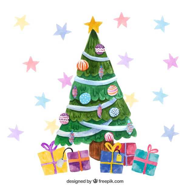 Fond de Noël avec un arbre décoré et cadeaux à l&#39;aquarelle