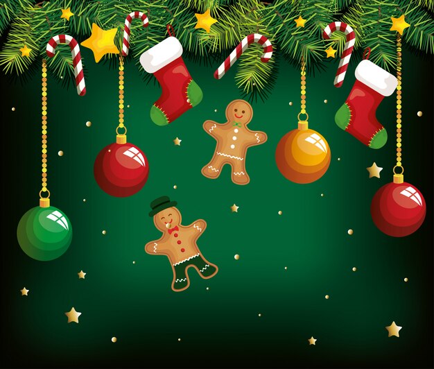 fond de Noël avec des biscuits au gingembre suspendus et décoration