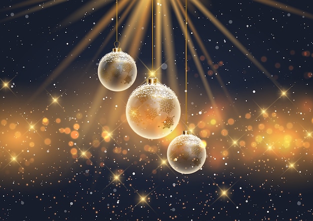 Fond de Noël avec des boules enneigées suspendues