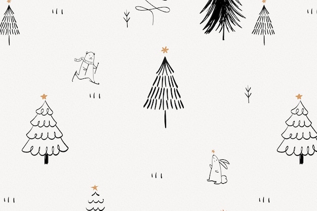 Fond De Noël Doodle, Motif Animal Mignon Ours Polaire En Vecteur Noir