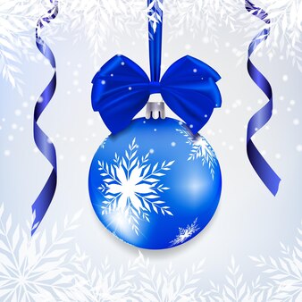 Fond de noël et du nouvel an avec un arc bleu, des boules de noël bleues, une serpantine et une branche en forme. illustration vectorielle.
