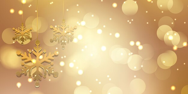 Fond de Noël avec des flocons de neige dorés et des lumières bokeh