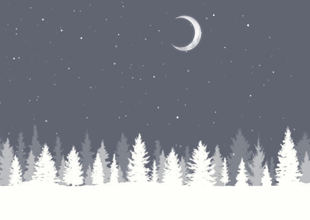 Fond de Noël avec paysage d'arbres d'hiver et ciel enneigé au clair de lune