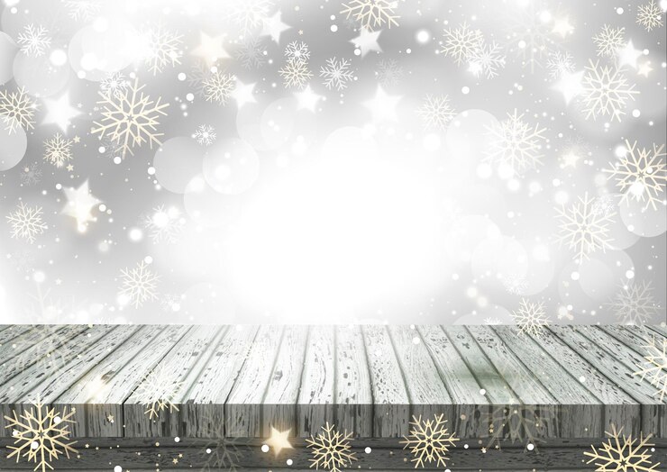 Vecteur gratuit fond de noël avec table en bois contre la conception de flocon de neige